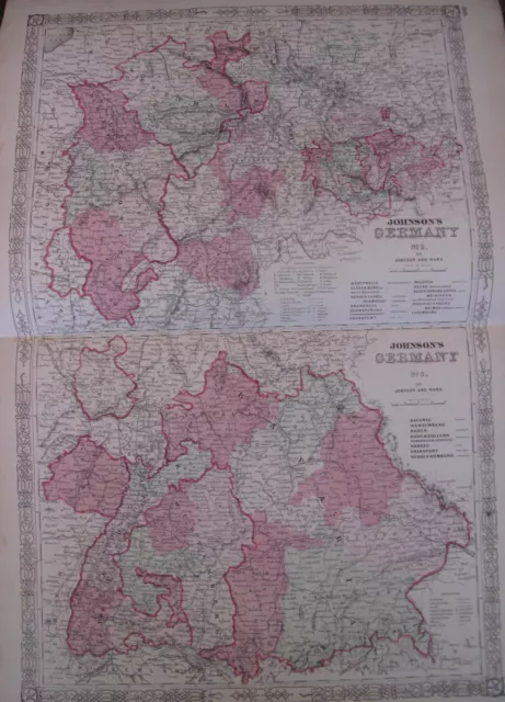 Hand Colored Map Johnson's Atlas Germany No. 2 & 3 Nuremberg Dusseldorf 1863