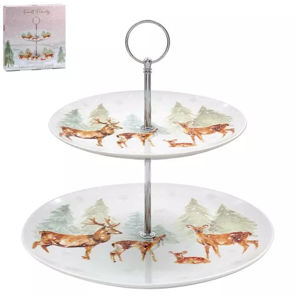 Forest Family Stag & Deer 2 Tier China Cake Stand Festive Christmas Tea Party