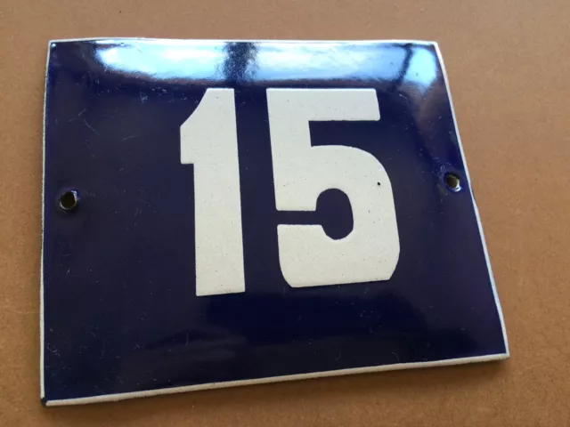 ANTIQUE VINTAGE FRENCH ENAMEL SIGN HOUSE NUMBER 15 DOOR GATE BLUE 1950's
