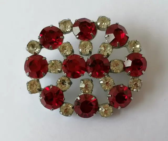 vintage brooch garnet red glass clear paste target cluster 1950s Statement pin