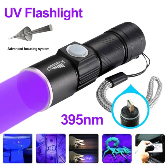 UV Ultra Violet LED Flashlight Blacklight Light 395 NM Inspection Lamp Torch USB