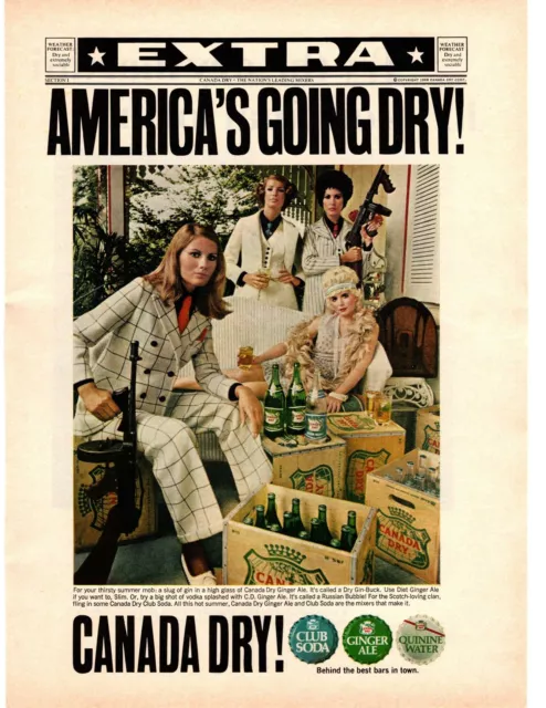 1967 Canada Dry Ginger Ale Club Soda Quinine Water Hot Girls Tommy Guns Print Ad