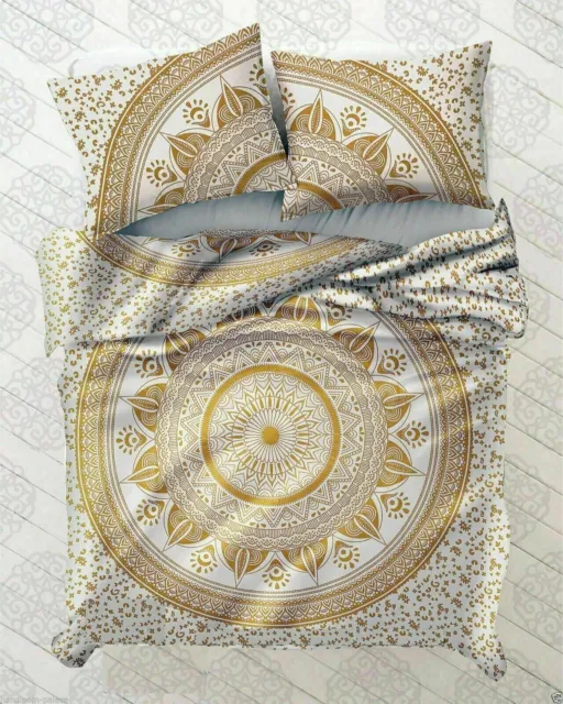 Indian Mandala White -Golden Duvet Cover Bedding Set Comforter Cotton Bedspread