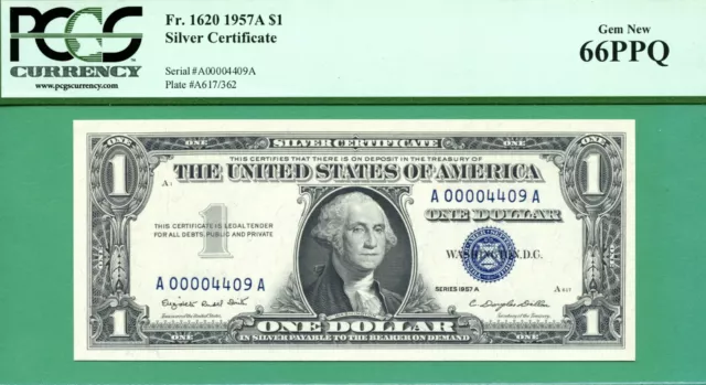 LOW SERIAL A00004409A - 1957A $1 SC - PCGS GEM 66 with PPQ - Fr 1620 - 1957 A