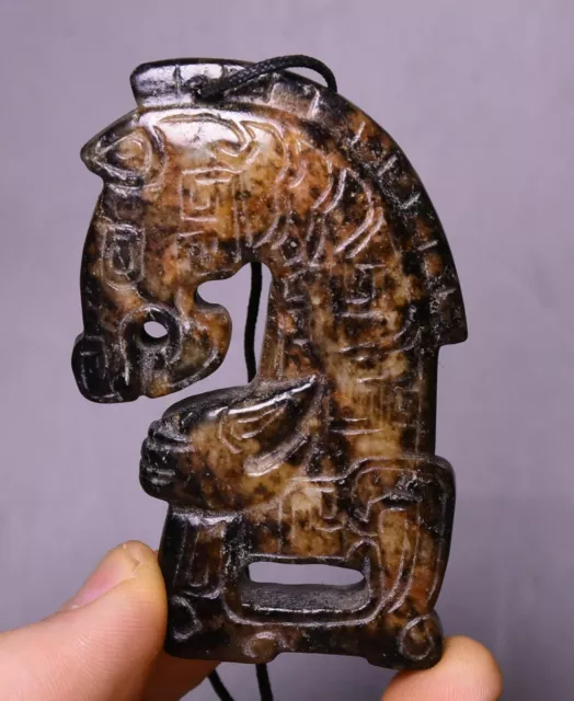 7CM Old China Han Dynasty Natural Hetian Jade Horse Head YuBi Amulet Pendant