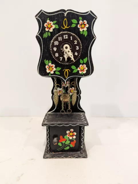 Vtg Miniature Grandfather Clock Black Floral Wooden Wind Up Key Germany Made