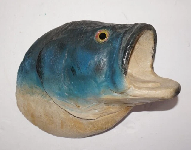 Vintage Chalkware Blue Cod Fish Head Mount Open Mouth Glass Eyes Wall Hanging