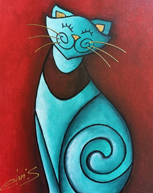 Tableau Peinture Toile Le Chat Turquoise N°3 Contemporain  Signe Chrisk