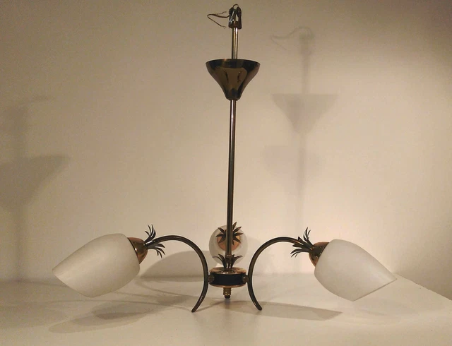 Lustre Vintage Style Lunel Arlus Années 50/60 4 Feux Opaline Laiton