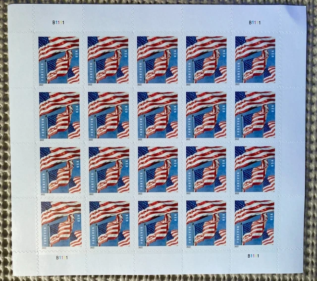 2022 USPS SHEET Book Of 20 First Class Forever Stamps American Flags 63