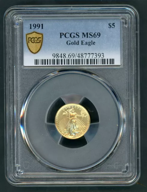 1991 1/10Th Oz American Gold Eagle $5 Graded Pcgs Ms69 (129)