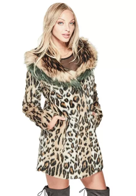 GUESS Natalia Faux Fur Trim Coat Animal Print Jacket Celebrity Dance Cocktail