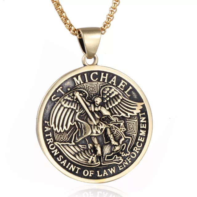 St Saint Michael Archangel Angel Medal Pendant Necklace Stainless Steel