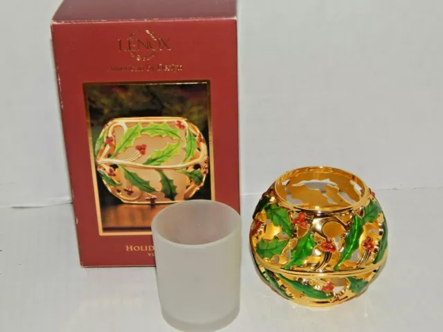 LENOX - NIB - "HOLIDAY GOLD" Candle Votive - Frosted Glass - Leaves & Berries