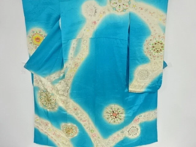 40961# Japanese Kimono / Antique Furisode / Embroidery / Flower Crest