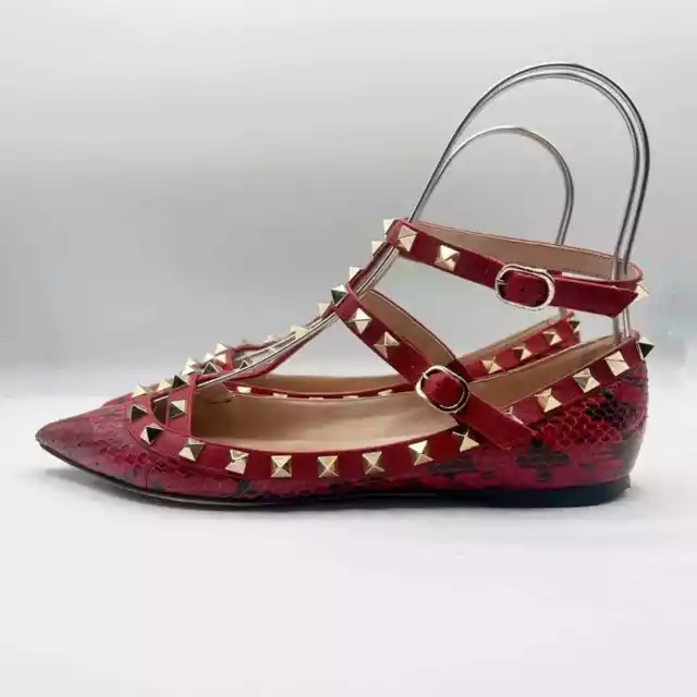 Valentino Garavani Red Rockstud Snakeskin Caged Strappy Ballerina Flats EU 37