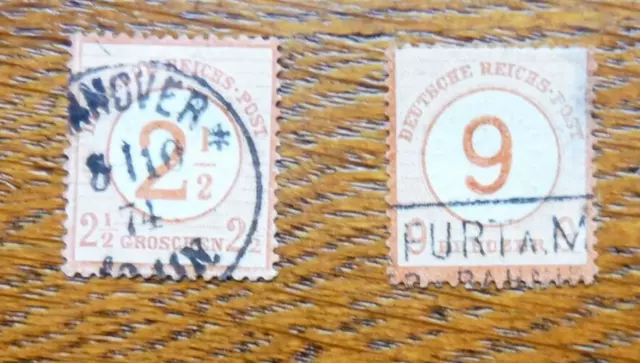 Deutsches Reich, Michel Nr. 29 + 30 2,5 Gr. + 9 Kr. gestempelt.