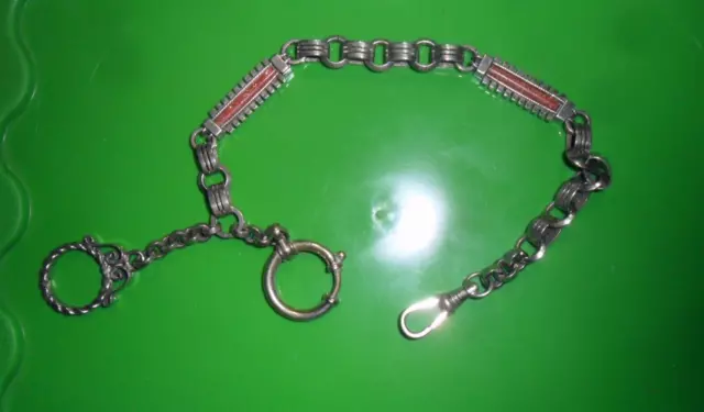 ANTICA CATENA PER OROLOGIO DA TASCA CON PIETRA DEL SOLE (ARGENTO? ) Punz. Ancora