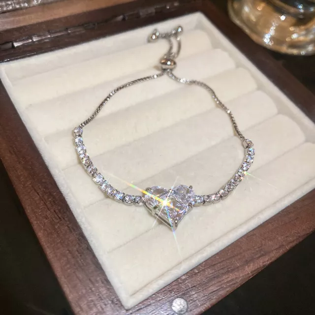 925 Silver Women Crystal Heart Bangle Bracelet Cubic Zirconia Wedding Jewelry