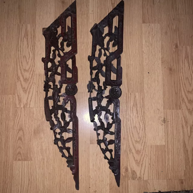 Pair Of Antique Chinese Carved Relief Panels Geisha Floral Door Panels Asian art