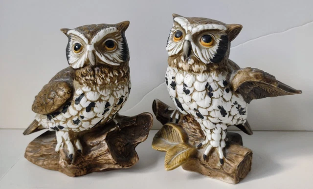 Vintage 70s HOMCO Classic Owl Figurines Set Of 2 Ceramic Porcelain #1114  5"