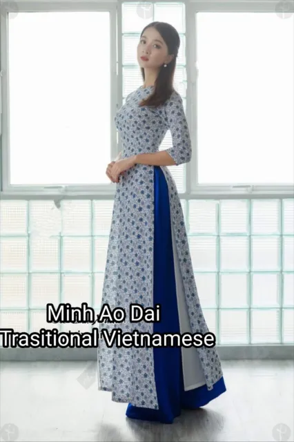 Blue Authentic Traditional Vietnamese Dress Ao Dai Handmade Rare 4 Layer