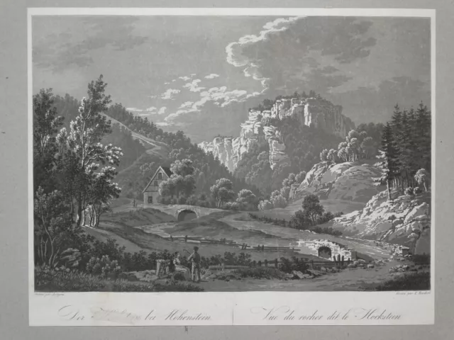 Hockstein bei Hohenstein - Rordorf - Aquatinta-Radierung Sächsische Schweiz 1840