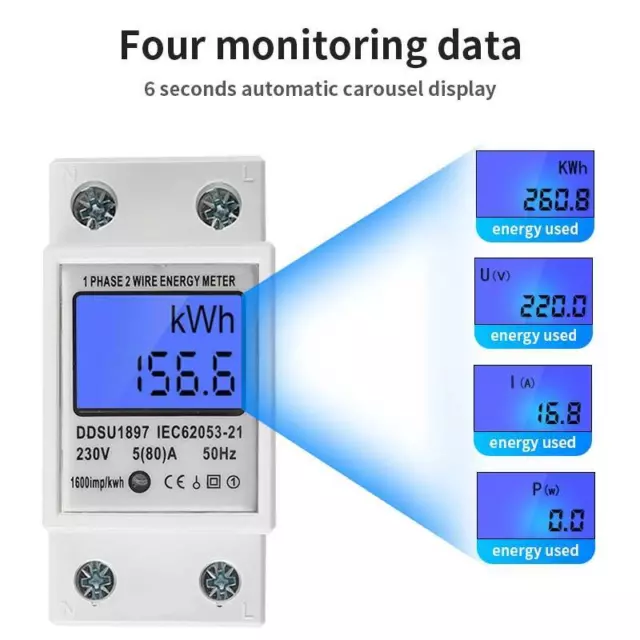 LCD Wechselstromzähler Stromzähler Geeicht Für DIN Hutschiene 5 (80)A AC 230V 3