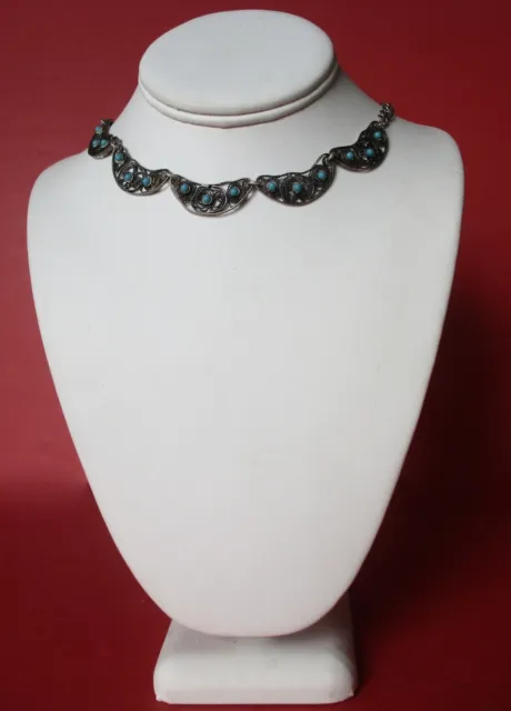 Vintage Middle Eastern Cannetille Sterling Silver  & Turquoise Glass Bead Choker 3