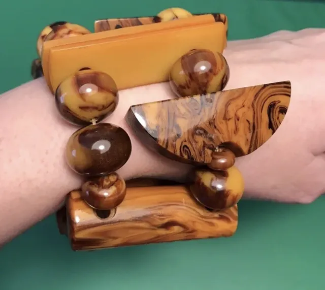 Large Marble Caramel Bakelite Art Deco Bracelet