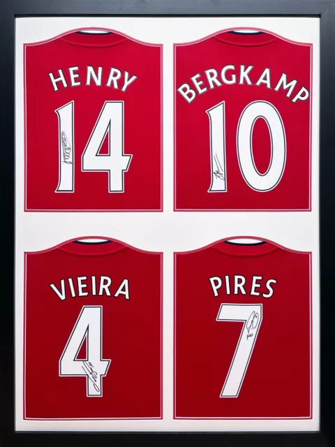 Framed Henry Pires Bergkamp Vieira Signed 4 Arsenal Football Shirts Proof & Coa