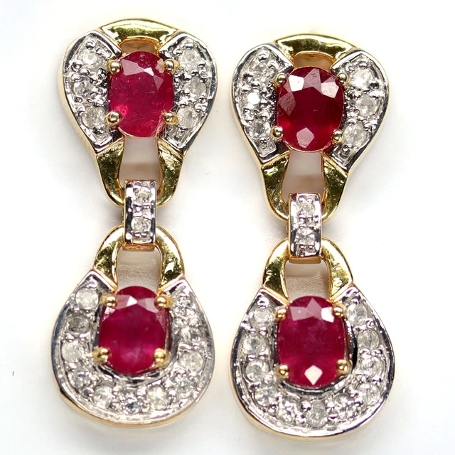 6 X 7 Mm. Oval Rot Rubin & Weiß Kambodscha Zirkonia Ohrringe 925 Silber
