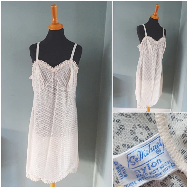 VINTAGE FULL SLIP Petticoat 1960s St Michael Peach Nylon Lace Ladies 40