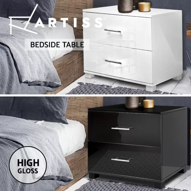 Artiss Bedside Table Side Table Bedroom Nightstand 2 Drawers Gloss Black/White