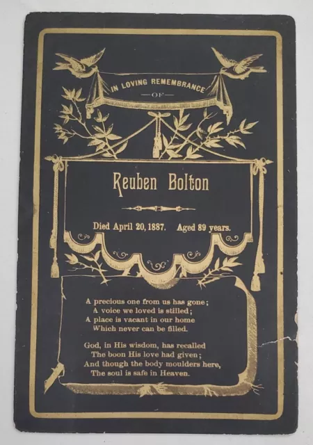 1887 IN MEMORIAM Funeral Mourning Card Reuben Bolton 89 Years Born 1798