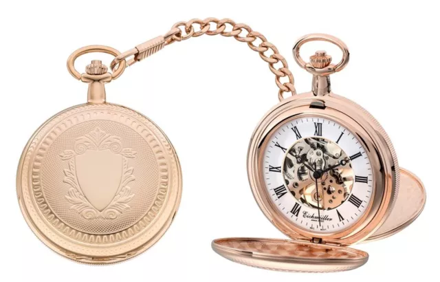 Eichmüller mechanische Messing Skelett Taschenuhr Roségold mit Kette und Etui