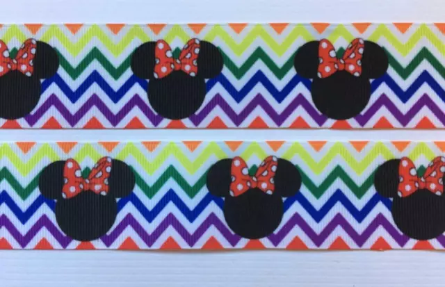 BB Ribbon 2m x MINNIE MOUSE ON COLOURED CHEVRON  grosgrain wide 1.5" 38mm