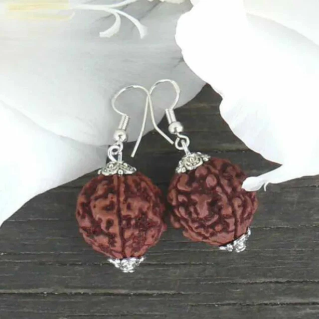 Fashion natural brown round Rudraksha bead silver earrings Fashion