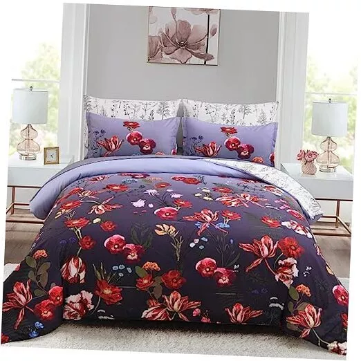 Floral Comforter Set Queen Size 7 Pieces Blue in a Bag Queen (90''x90'') Bed