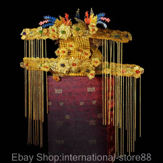 20" Rare Old China Filigree Jade Dynasty Palace Empress Phoenix Flower Hat Cap