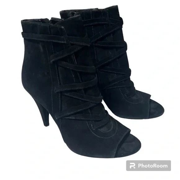 VINCE CAMUTO TARITA Leather Laser Cut Peep Boot Toe Ankle Booties