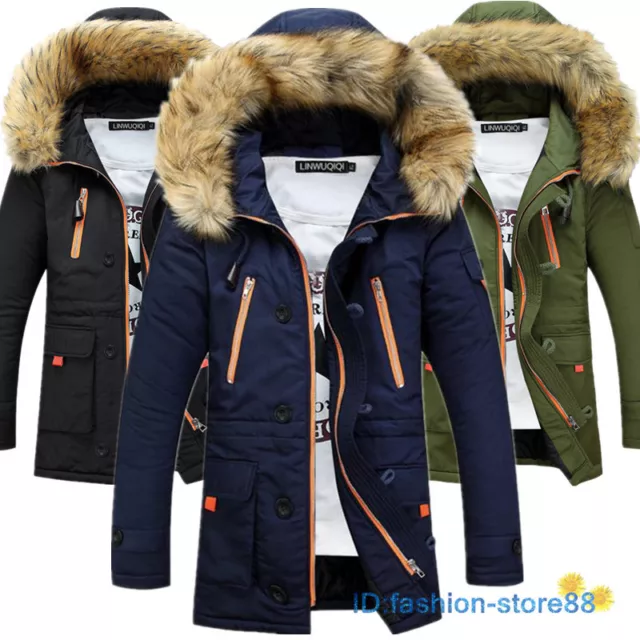 UK Mens Winter Down Cotton Coat Fur Hooded Jacket Parker Padded Overcoat Outwear