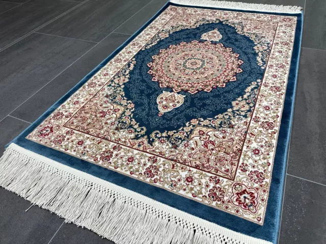 2x3 ft Mini Blue Bamboo Silk Rug, 60x90 cm Turkish Carpet, 4591AD.BLUECREAM