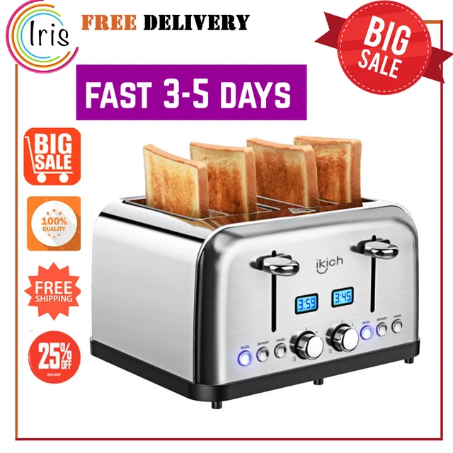 IKICH TOASTER 4 Slice, Stainless Steel Toaster with LCD Digital Timer