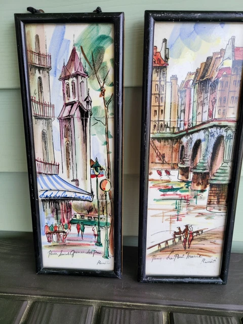 Vtg "Renee Arnart" Pair of Hand-Painted Ceramic Tiles of Parisian Scenes  13"x5"