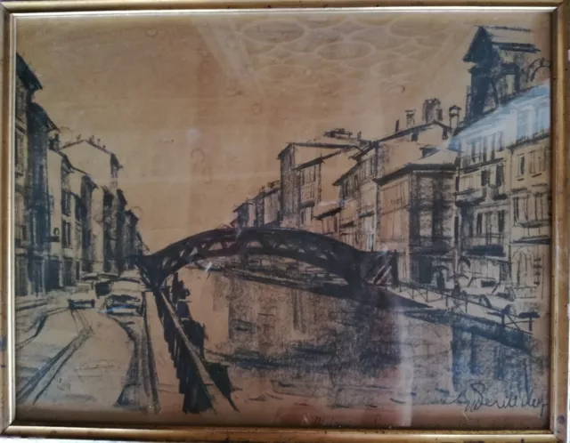 Quadro disegno milano naviglio riba ticinese ponte