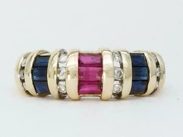 3CT Baguette Cut Ruby,Diamond & Sapphire Fancy Band Ring Gift 14K Yellow Gold FN