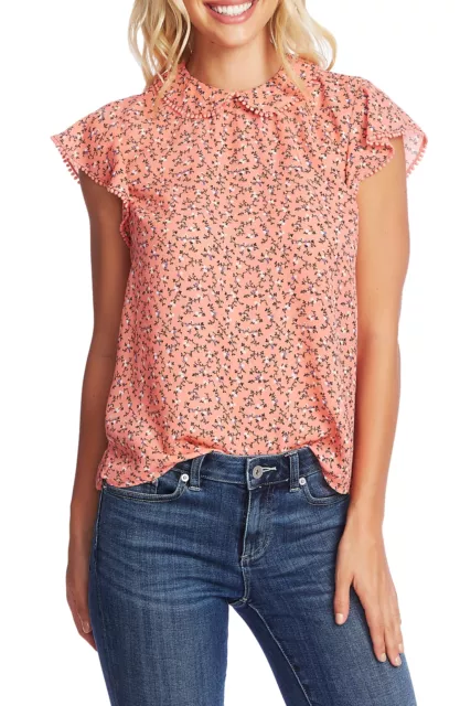 CeCe Women's Printed Flutter Sleeve Collared Top Orange Size Small