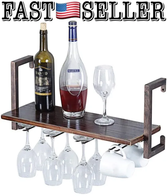 Wall Mounted Wine Bottle Wood Shelf Organizer With Stemware Glass Holder Rack