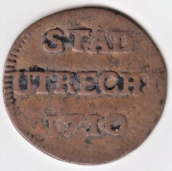 World Coin 1710 Netherlands Dutch Republic Stad Utrecht 1 Duit Copper KM 85